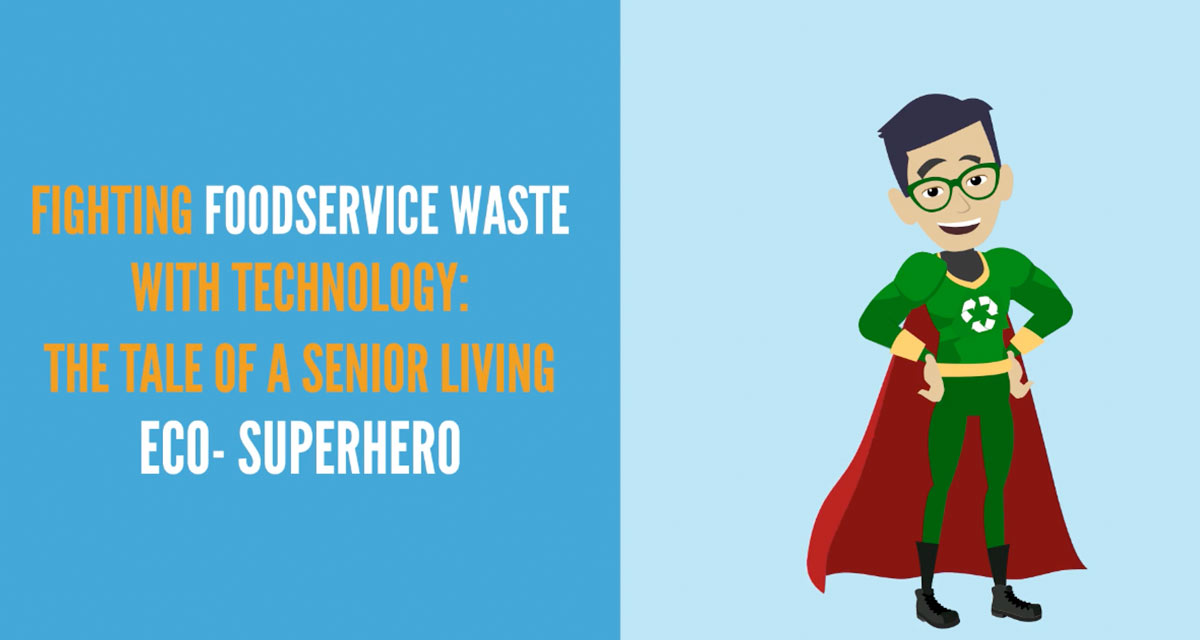 Animated recycling super hero in green with red cape 